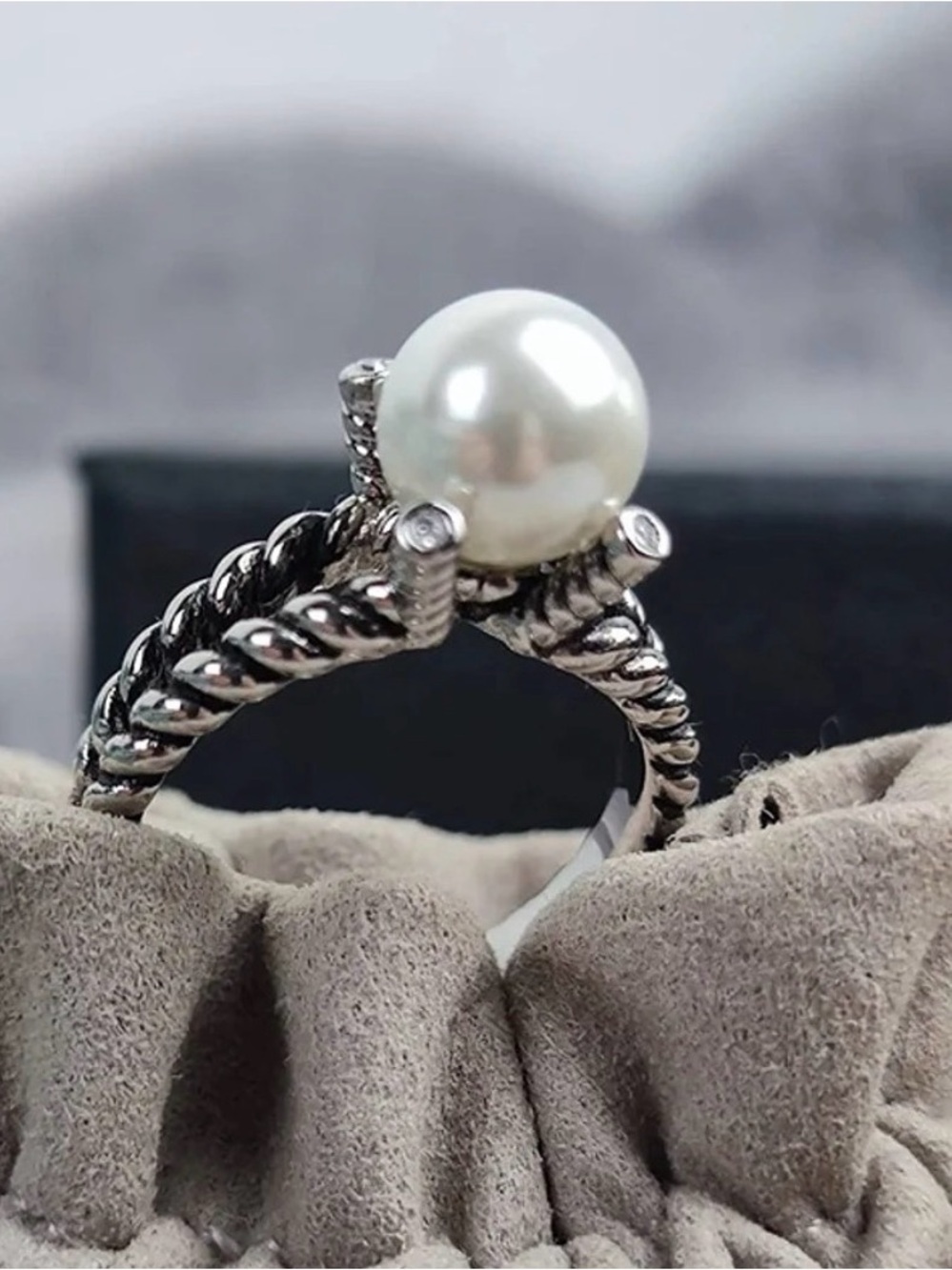 David Yurman Silver Rope Pearl Ring